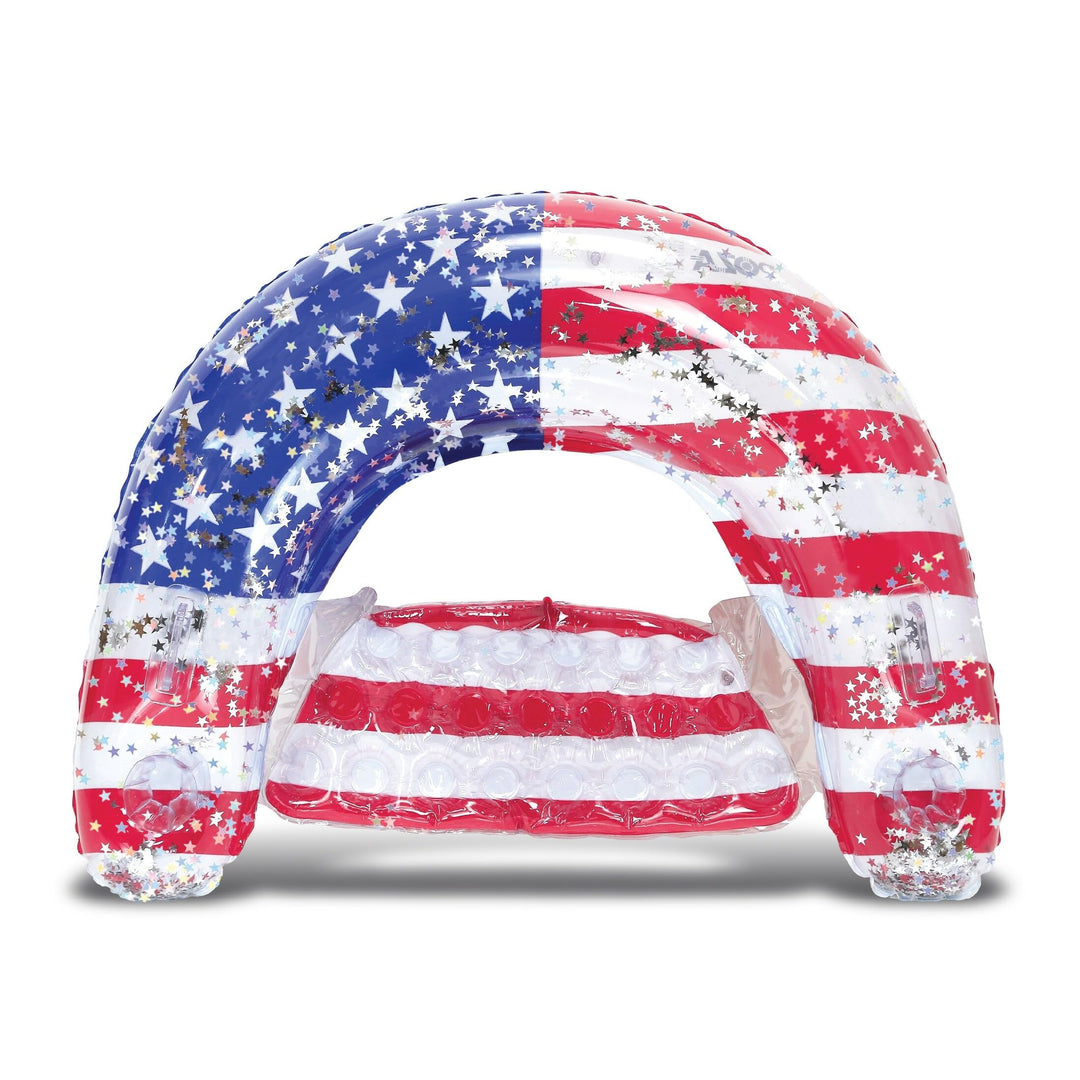 Inflatable USA Flag Pool Float Chair with Sparkle Confetti 48-38 Inch Blue Red White Plastic