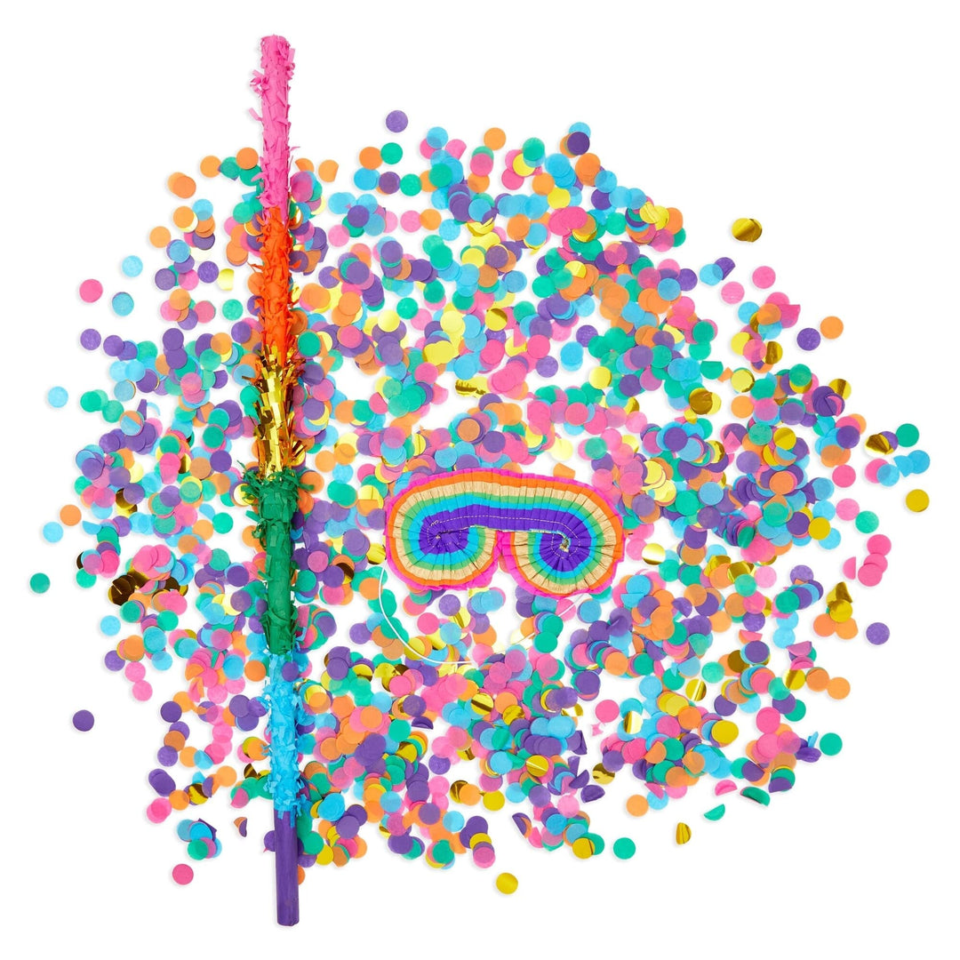 30-inch Rainbow Pinata Stick with Blindfold and Round Confetti for Birthday Party Supplies Multi Color Plastic