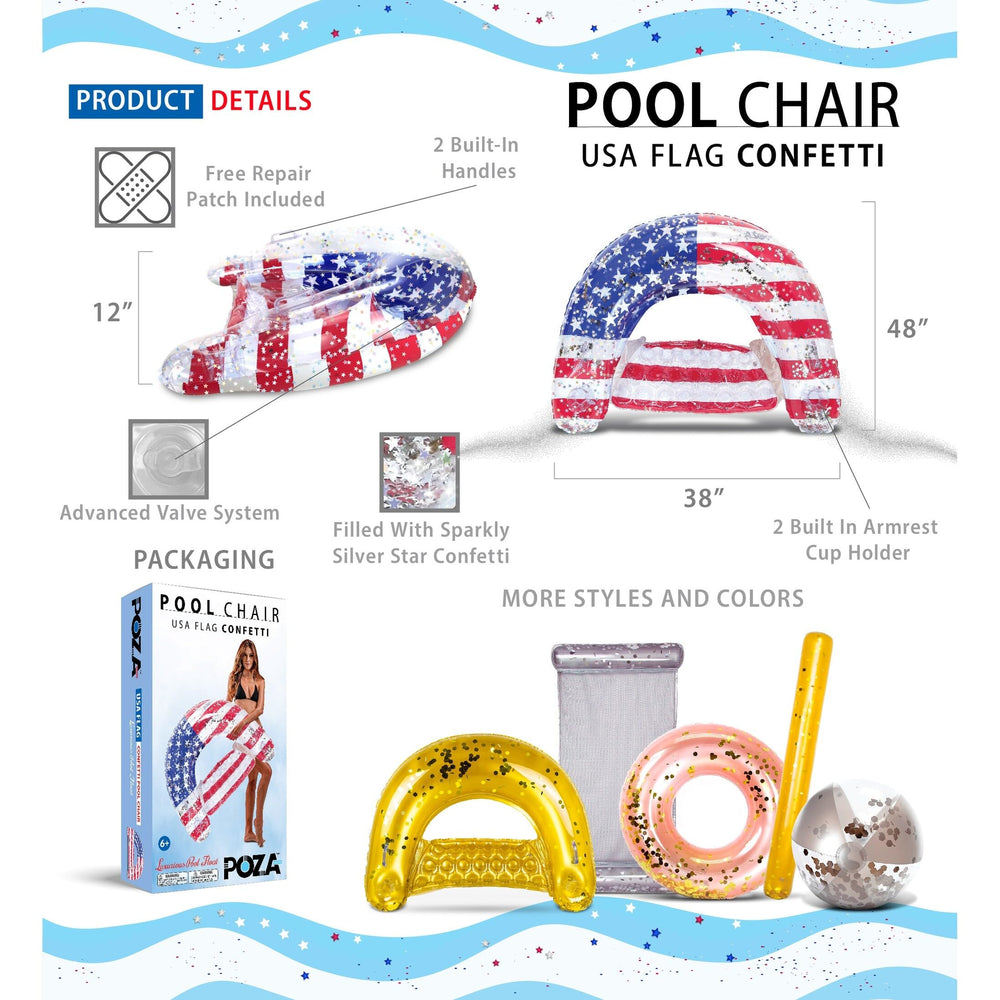 Inflatable USA Flag Pool Float Chair with Sparkle Confetti 48-38 Inch Blue Red White Plastic