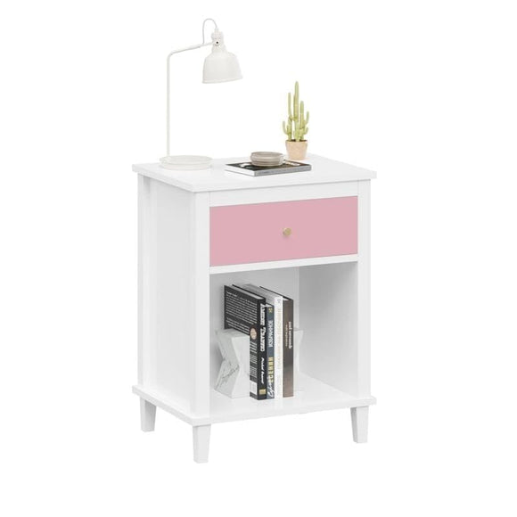 Wooden Nightstand with One Drawer Shelf for Kids Adults Pink White Modern Contemporary Princess MDF Wood Finish Handmade