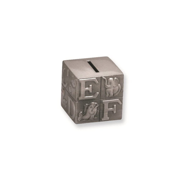 Pewter-Tone Finish Metal Small Baby Block Bank Silver Pewter