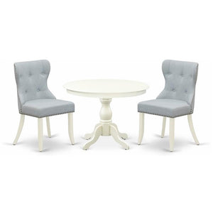 East West Furniture HBSI3-LWH-15 Hartland 3 Piece Kitchen Set Contains a Round Dining Room Table with Pedestal and 2 Baby Blue Linen Fabric Upholstered Chairs, 42x42 Inch