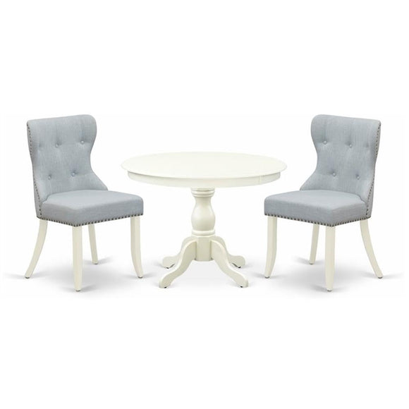 East West Furniture HBSI3-LWH-15 Hartland 3 Piece Kitchen Set Contains a Round Dining Room Table with Pedestal and 2 Baby Blue Linen Fabric Upholstered Chairs, 42x42 Inch