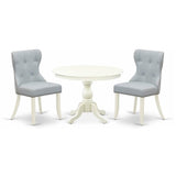 East West Furniture HBSI3-LWH-15 Hartland 3 Piece Kitchen Set Contains a Round Dining Room Table with Pedestal and 2 Baby Blue Linen Fabric Upholstered Chairs, 42x42 Inch