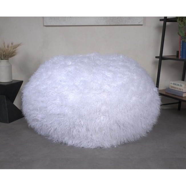 5 Foot Rounded Fur Bean Bag White Modern Contemporary Fabric