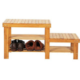 2 Tiers Bamboo Shoe Rack Bench with Heights-seat for Kids Adult Yellow