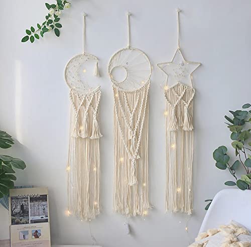 Moons Boho Macrame Moon and Star Dream Catchers with Lights, Wall Hanging Tapestry Lights, Bohemian Decor, Bedroom Nursery Ornament Decor