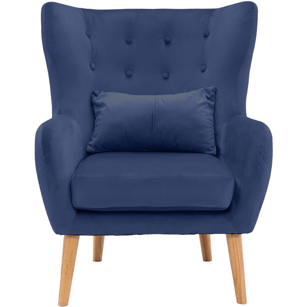 Critter Sitters Faux-Velvet Wingback Accent Chair with Lumbar Pillow and Wooden Legs, Armchairs and Accent Chairs for Living Room, Bedroom, Office, or Nursery, Comfortable Navy Blue Decorative Chair