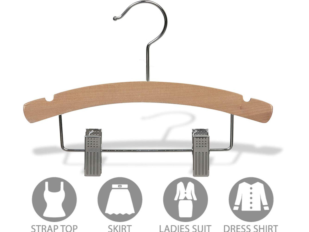 Rounded Wooden Kids Hanger with Natural Finish, 12 Inch Wood Top Hangers with Chrome Swivel Hook for Childrens Clothes