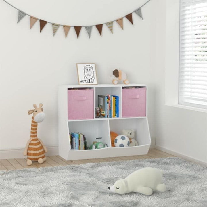 Kids Bookcase with Collapsible Fabric Drawers Children's Toy Storage Cabinet for Playroom Bedroom Nursery School White/Pink Pink Modern Contemporary Construction MDF Wood Finish Handmade