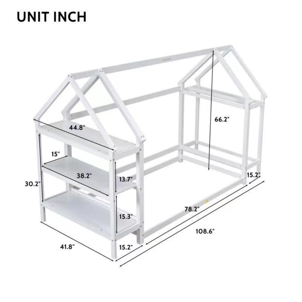 Twin Size Wood House Bed with Storage Shelf and Hanger Kids Bedroom