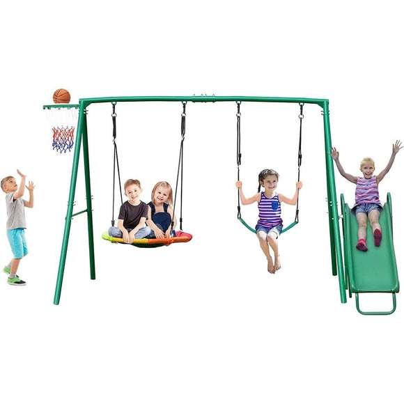 Swing Sets for Backyard with Slide Saucer Belt Swingbasketball Hoop Green Metal