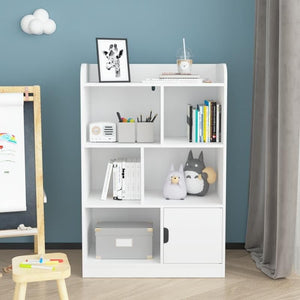 Bookshelf with 6 Compartments Kids Bookcase Freestanding Shelves and Cube Organizer White Modern Contemporary Space MDF Wood Finish Includes Hardware