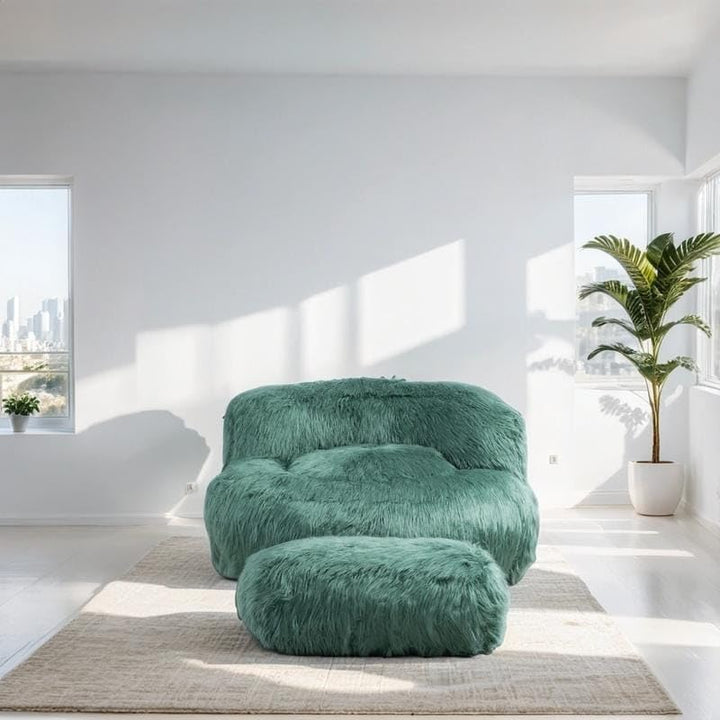 Modern Bean Bag Chair Fur Lazy Sofa Footstool Durable Comfort Lounger High Back Couch Green Solid Contemporary Wood Natural Finish