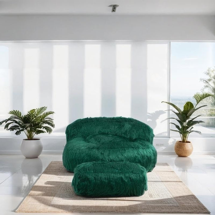 Modern Bean Bag Chair Fur Lazy Sofa Footstool Durable Comfort Lounger High Back Couch Green Solid Contemporary Wood Natural Finish