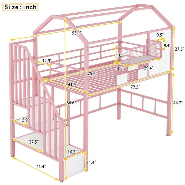 Kids Bed with Ladder and Full-Length Guardrails Metal House Loft