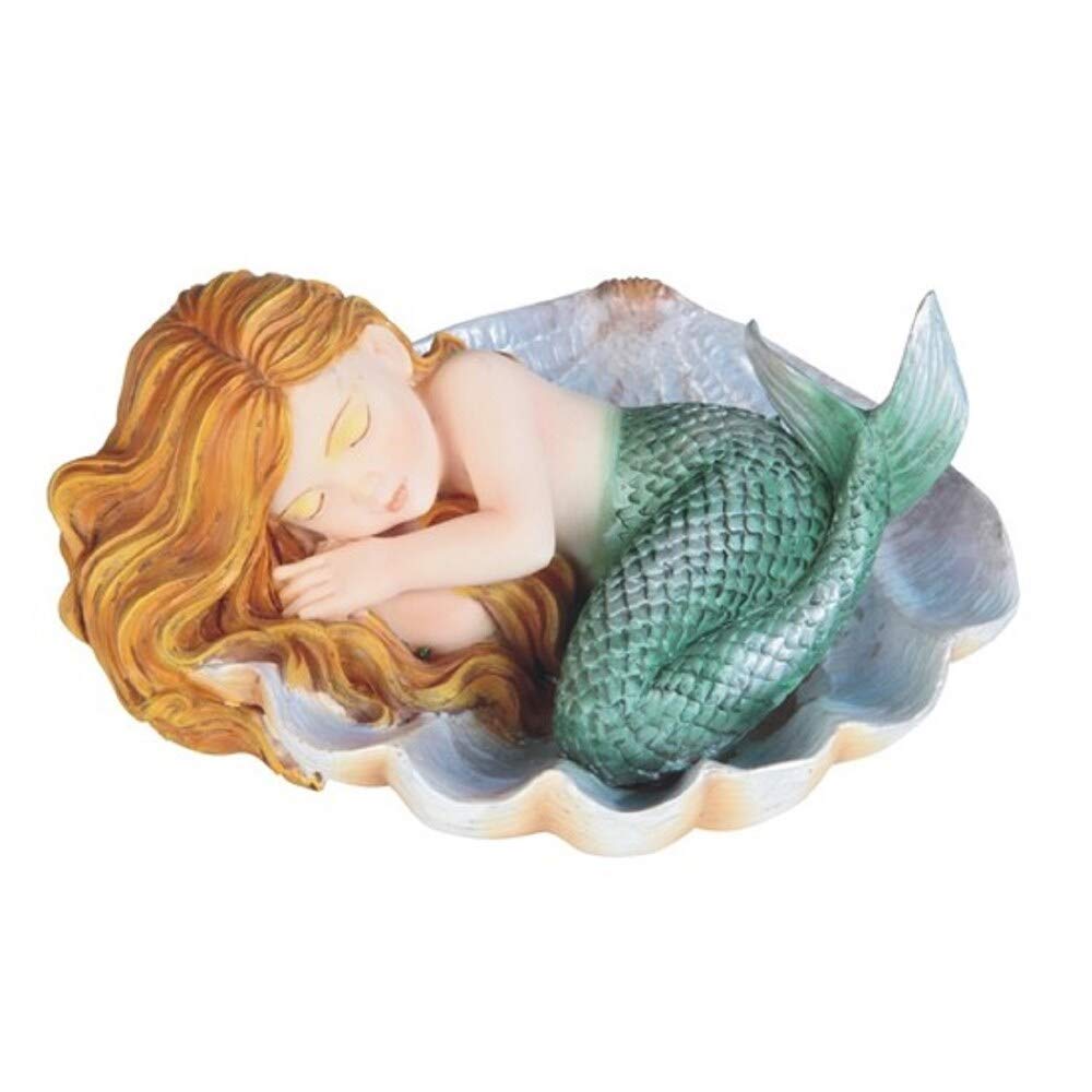 4.5" w Green Tailed Baby Mermaid Sleeping On Oyster Shell Statue Fantasy Decoration Figurine Polyresin