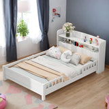 Wooden Full Size Kids Platform Bed with Storage Headboard and Led