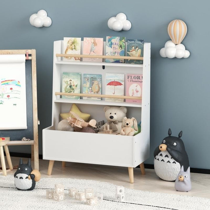 Kids Bookshelf Book Organizer Toy Storage Cabinet White Modern Contemporary Space MDF Wood Finish Includes Hardware