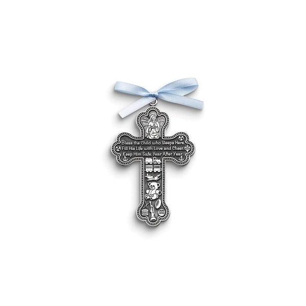 Pewter Finish Metal for Him with Blue Ribbon Bless This Child Crib Cross Traditional Metallic