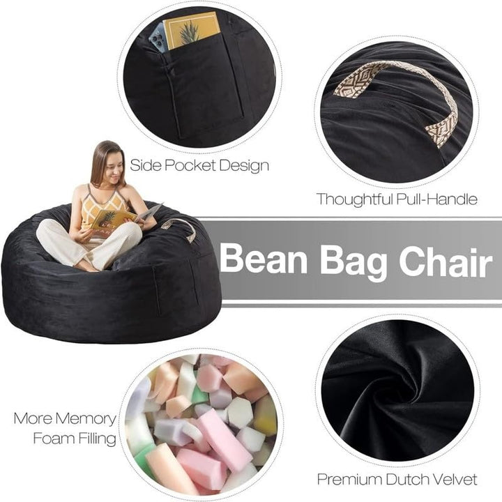 Soft Bean Bag Sofa for Teens 3 Foot Black Casual Velvet Removable