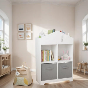 2-Tier Kids Bookcase with Storage and Collapsible Fabric Drawers White Modern Contemporary MDF Wood Finish