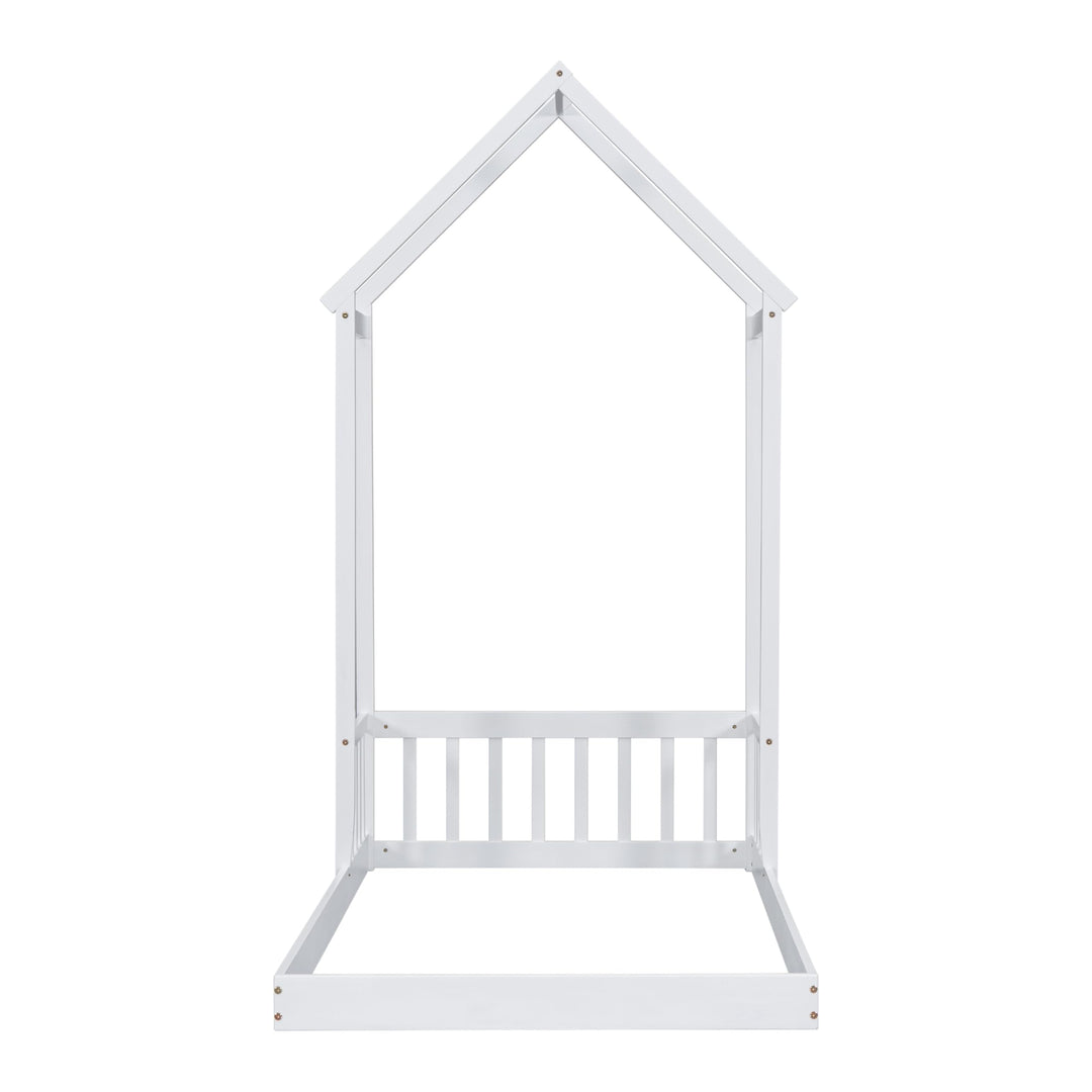 Twin Size Bed Kids House Frame Floor Wooden White Modern