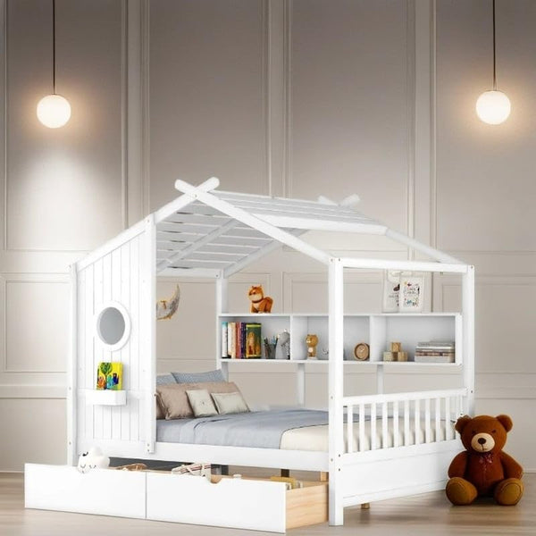 Wooden Full Size Kids Bed with Storage Shelf House 2 Drawers White Modern Contemporary Unisex Wood