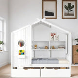 Wooden Full Size Kids Bed with Storage Shelf House 2 Drawers White