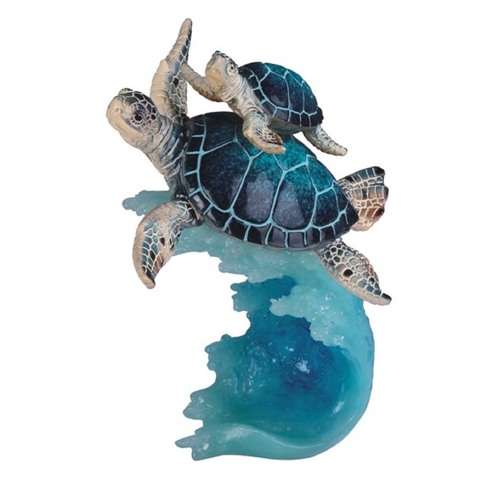 8.75" h Sea Turtle with Baby Swimming On Wave Statue Marine Life Decoration Figurine Multi Color Polyresin