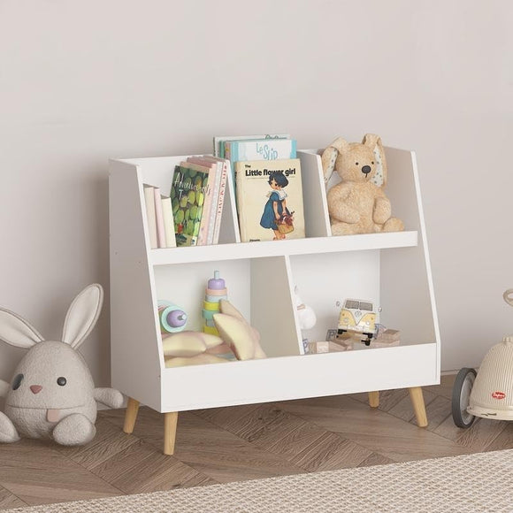 2-Tier Baby Storage Display Organizer with Legs Kids Bookshelf and Toy White Modern Contemporary Space MDF Wood Finish Includes Hardware