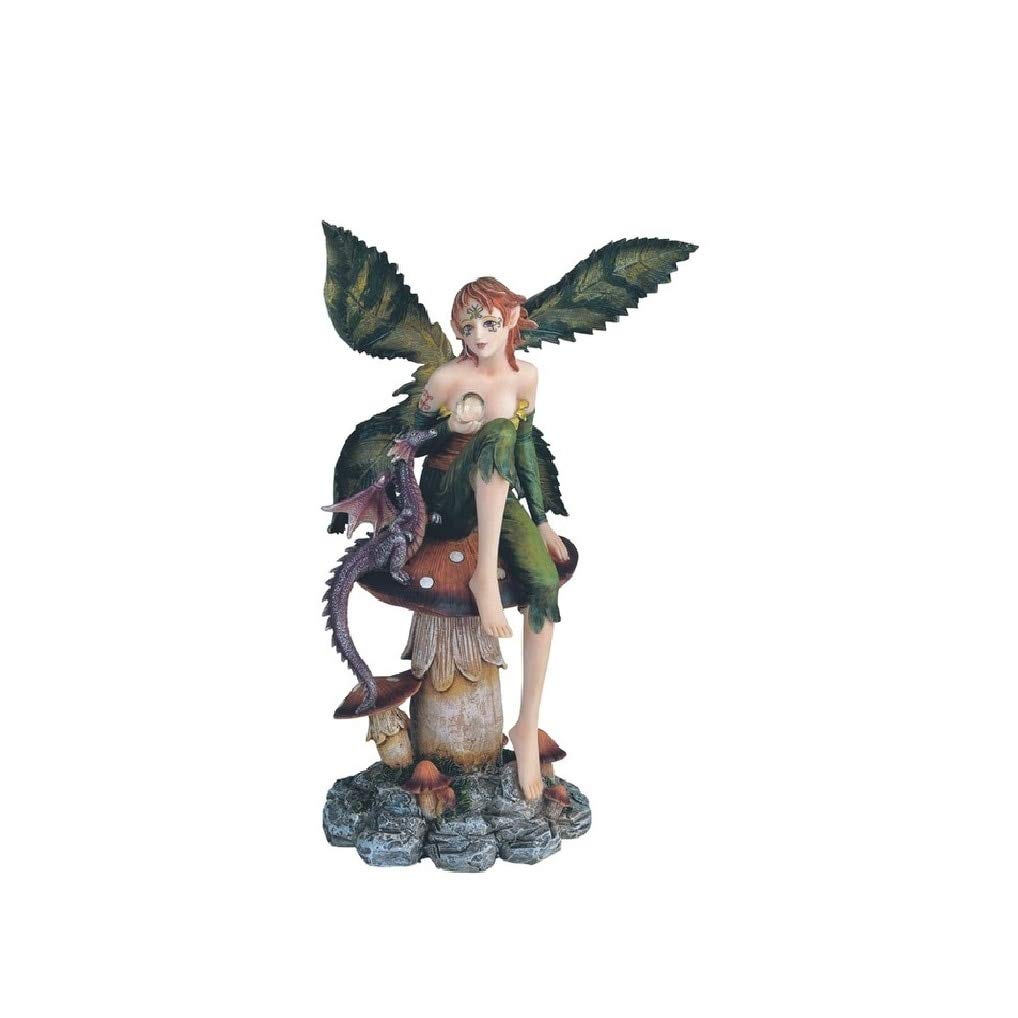 9" h Green Fairy with Purple Baby Dragon Sitting On Mushroom Statue Fantasy Decoration Figurine Polyresin