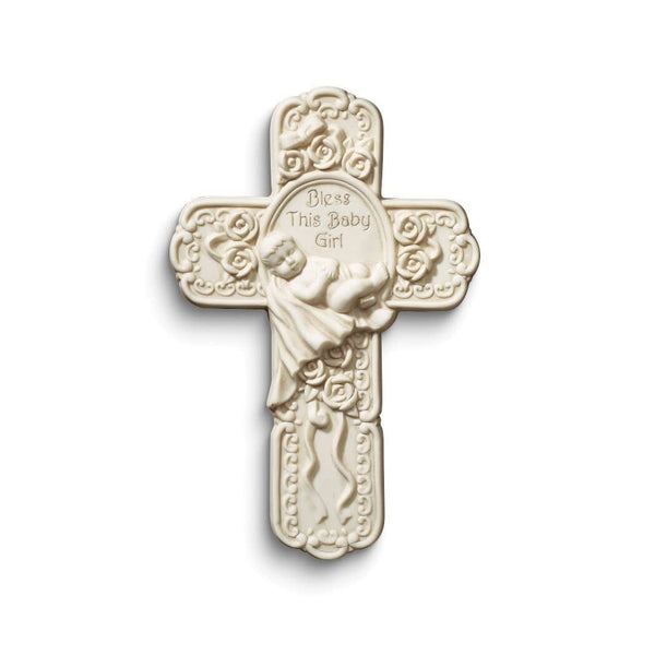 Bless This Baby Girl Resin Wall Cross with Certificate 7x9 White Traditional