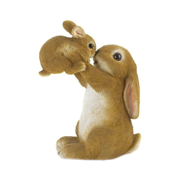 Playful Mom and Baby Bunny Figurine Brown Polyresin