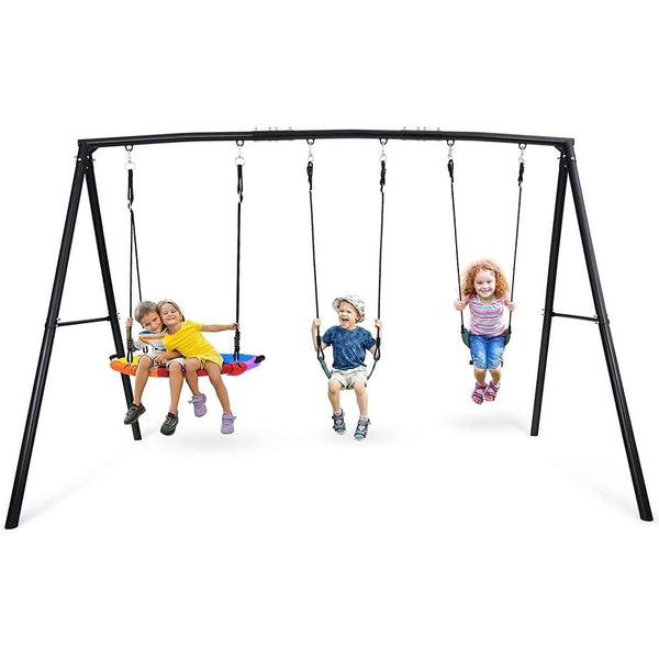 Heavy Duty Swing Set for Backyard with Saucer 2 Belt Swings Black Metal Multi-Child