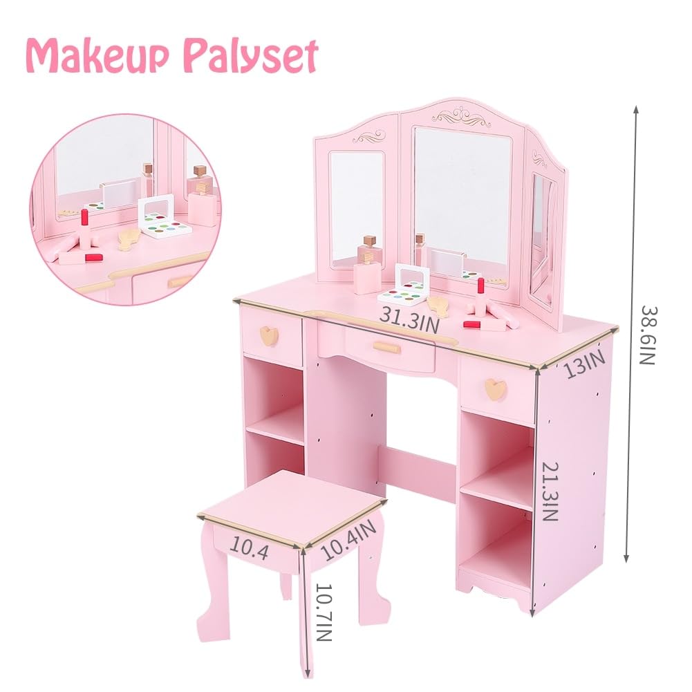 Vanity Table and Chair Set Kids Makeup Dressing Pink Includes