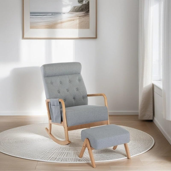 Rocking Chair with Ottoman Upholstered Fabric Armchair Nursery Cushion High Backrest Accent Glider Rocker Grey Solid Modern Contemporary Wood