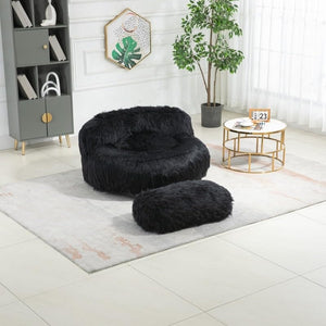 Comfort Lounger Footstool High Back Chair Fur Lazy Sofa Bean Bag Couch Indoor Black Modern Contemporary Pattern Velvet