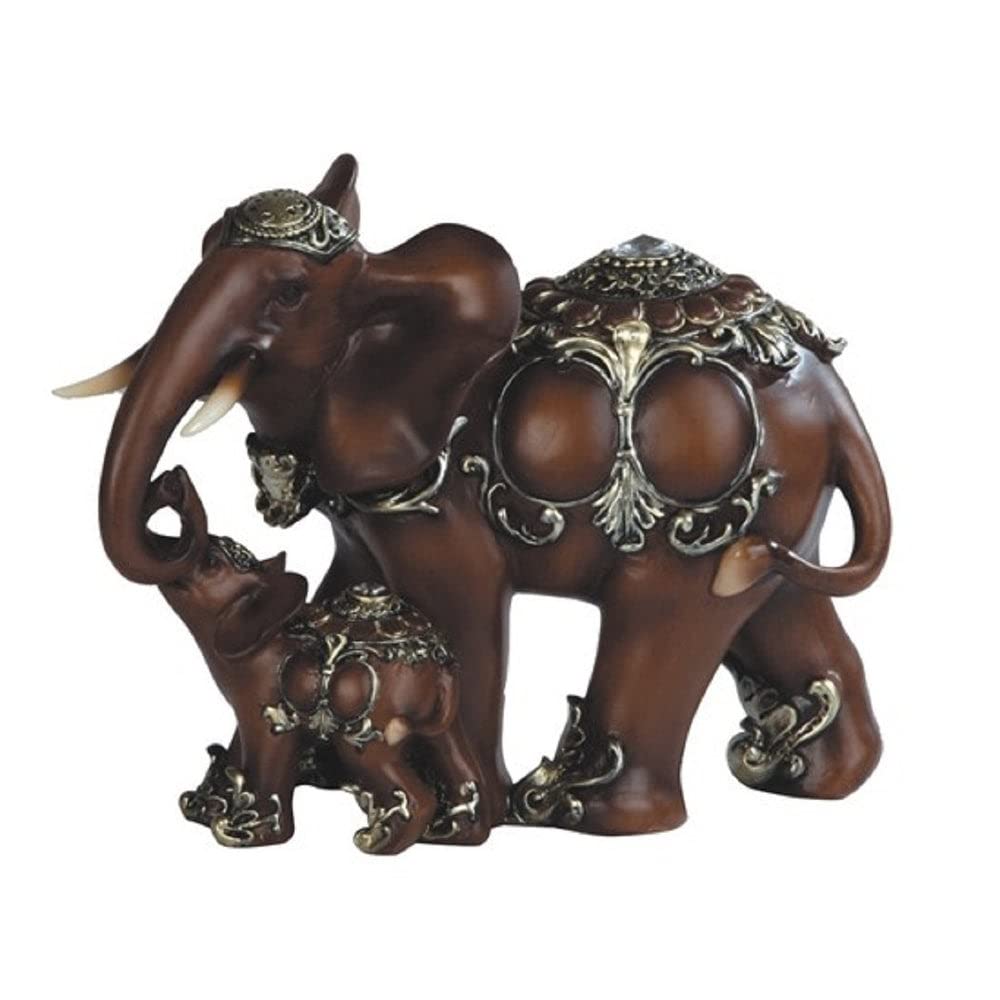 8" h Decorative Wood Like Thai Elephant with Baby Statue Decoration Religious Figurine Brown Polyresin