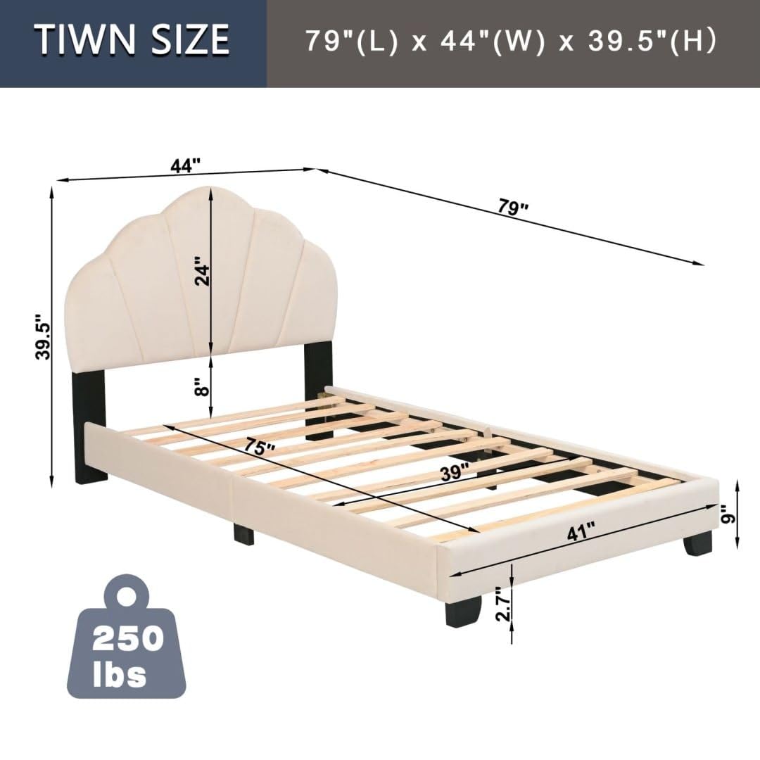 Upholstered Twin Size Wooden Platform Bed Frame for Kids with Shell