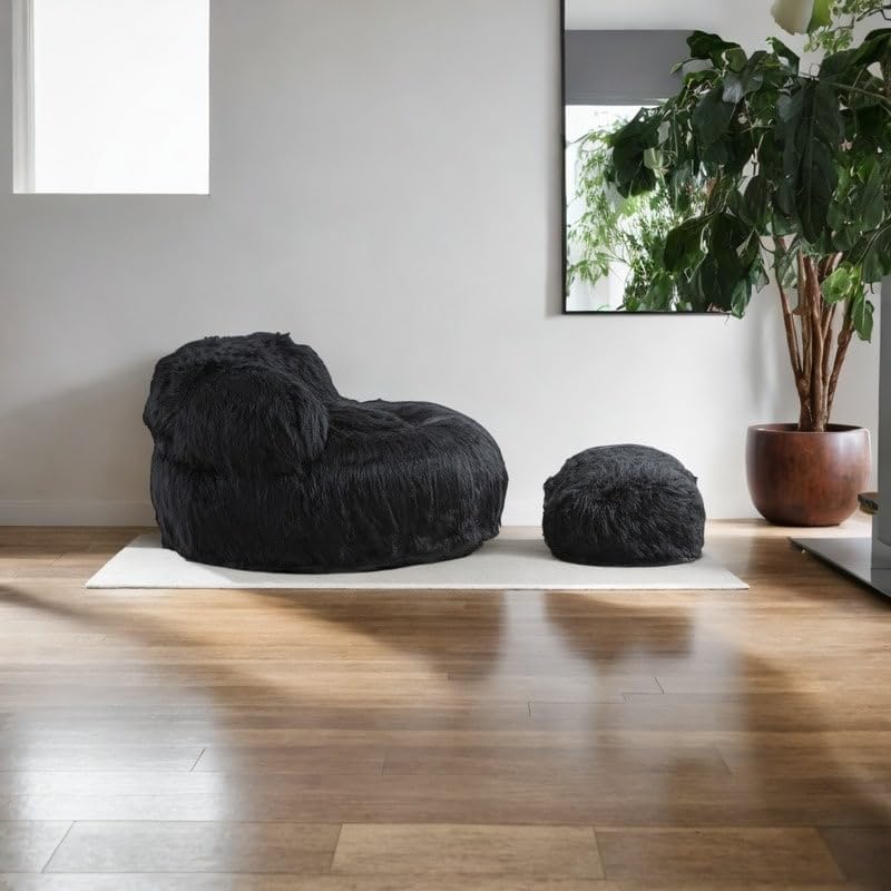 Bean Bag Chair Fur Lazy Sofa Lounger Living Room Black Solid Modern Contemporary Wood Ottoman Included