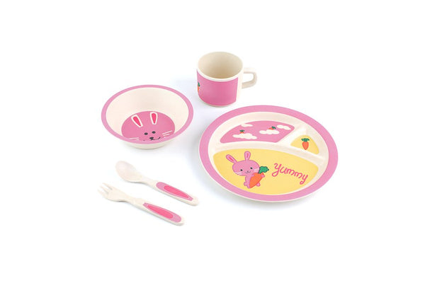 Peterson Housewares BF0263005S 5 Piece Kids Dinnerware Bamboo Fibre Set, Yummy Bunny