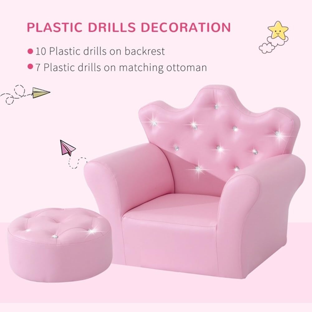 Crown-Shaped Backrest Kids Sofa with Footstool Pink Modern