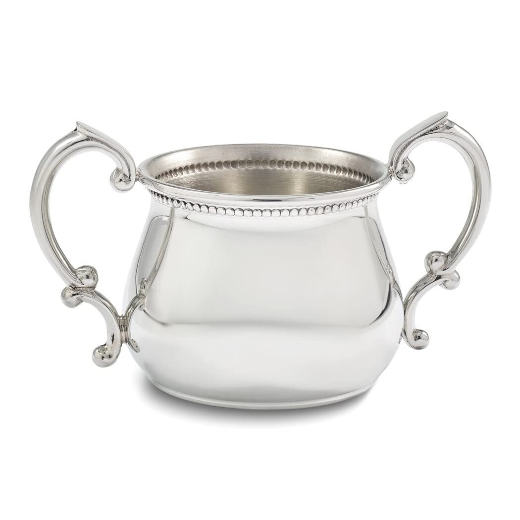 Polished Pewter Beaded Edge Double Handle Pot Belly Baby Cup Silver Solid Formal Metal