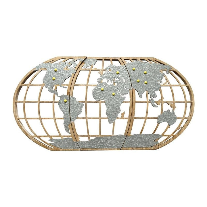 Wood Metal Pinnable World Map Wall Art 18" h X 51" w 1" d