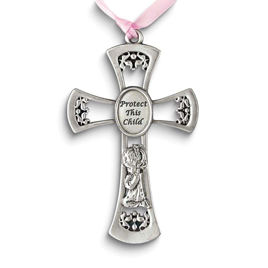 Pewter Protect This Child with Praying Girl and Pink Ribbon Crib Cross Traditional Metallic Finish