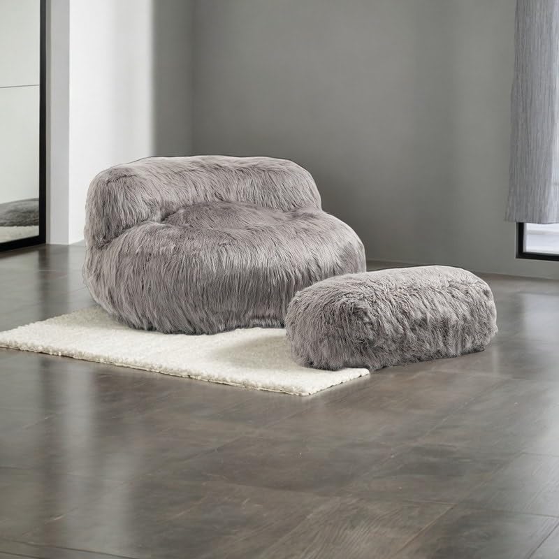 Bean Bag Chair Fur Lazy Sofa Lounger Living Room Gray Grey Solid Modern Contemporary Wood Ottoman Included