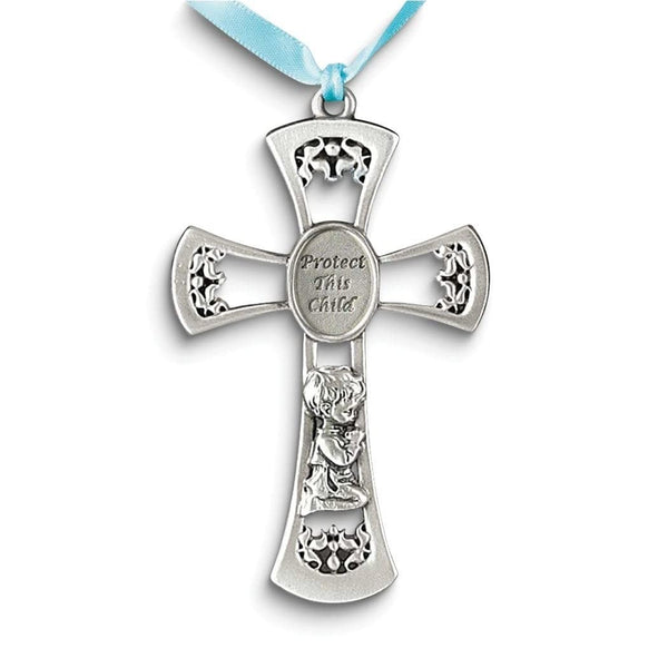 Pewter Protect This Child With Praying Boy And Blue Ribbon Crib Cross Traditional Metallic Finish