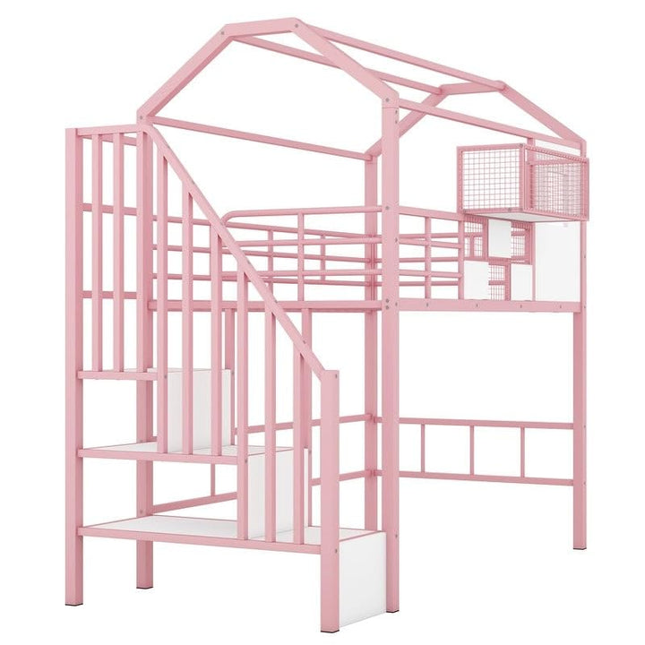 Kids Bed with Ladder and Full-Length Guardrails Metal House Loft