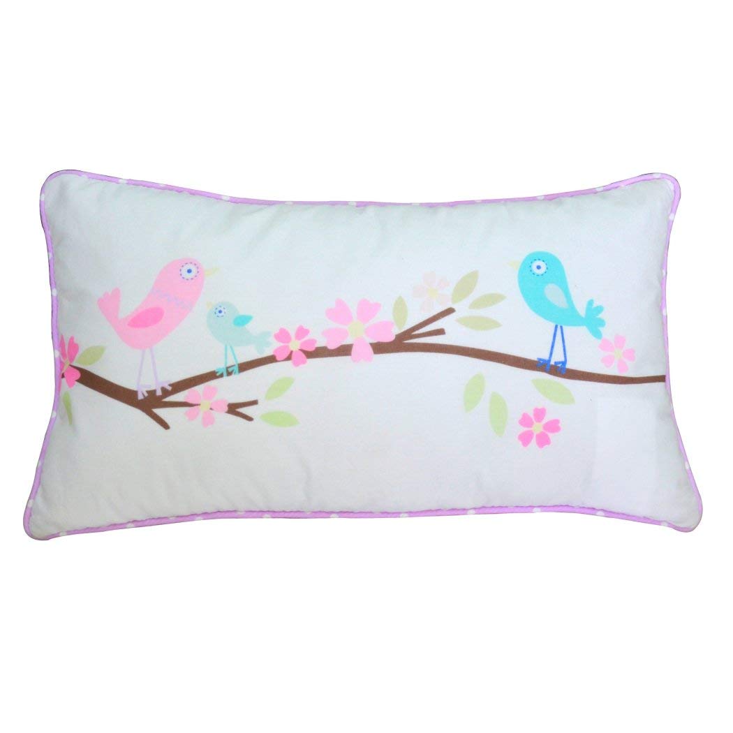 17 x 27 Kids Girls Purple Blue Birds Pillow Cute Birdie Pattern, Green Pink Bird Cushion Flying Animal Lumbar Rectangle Shaped, Indoor Use Cotton